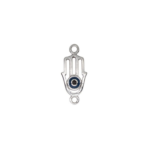 Link, color-coated sterling silver and enamel, dark blue and black, 11x8mm single-sided Hamsa hand. Sold individually. image number 0