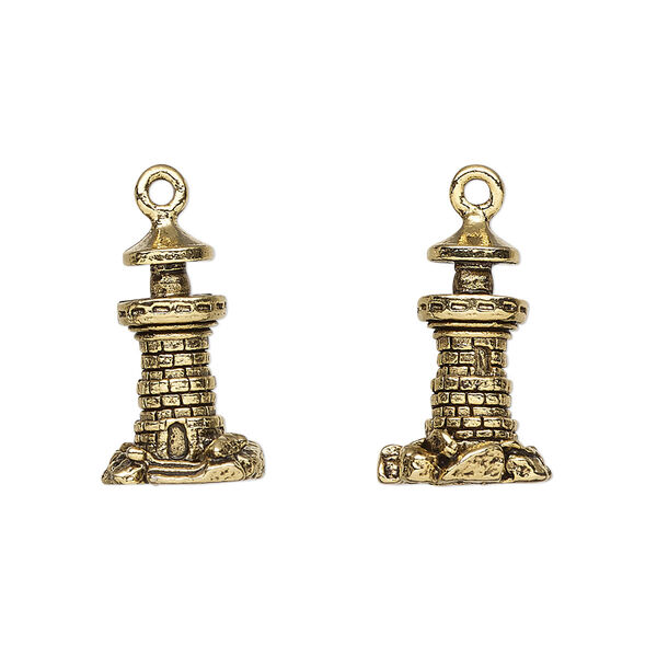 Charm, antique gold-plated pewter (tin-based alloy), 18x11mm 3D lighthouse. Sold per pkg of 2. image number 0