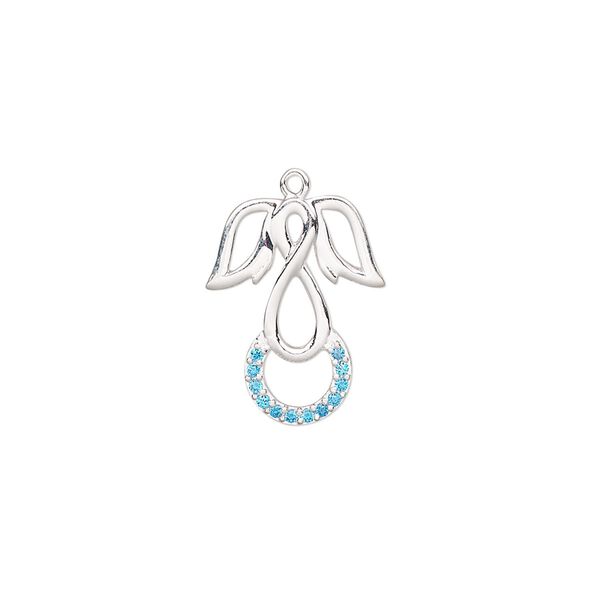Charm, cubic zirconia and sterling silver, blue, 17x13mm single-sided angel. Sold individually. image number 0