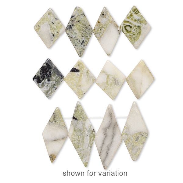 Focal mix, green Earth "jasper" (serpentine) (natural), 30x16mm-50x22mm flat diamond, C grade, Mohs hardness 2-1/2 to 6. Sold per pkg of 4. image number 0