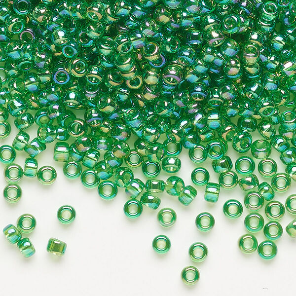 Seed bead, Miyuki, glass, pkg/50g, #8 rocaille, translucent rainbow green (RR-179L). image number 0