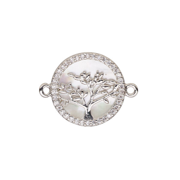 Link, mother-of-pearl shell (bleached) / cubic zirconia / silver-finished brass, clear and white, 15mm single-sided round with tree of life design. Sold individually. image number 0