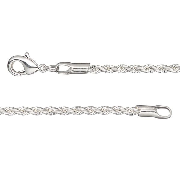 Chain, silver-plated brass, 2.1mm rope, 24 inches with lobster claw clasp. Sold individually. image number 0