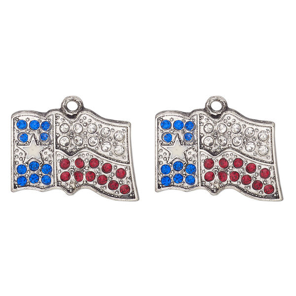 Charm, antique silver finish "pewter" (zinc-based alloy) / enamel / glass, blue / red / clear, 25x19mm single-sided Texas flag, Sold per pkg of 2. image number 0