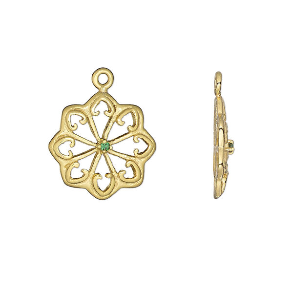 Charm, cubic zirconia and gold-finished sterling silver green, 17.5x17.5mm flower with cutout design. Sold individually. image number 0