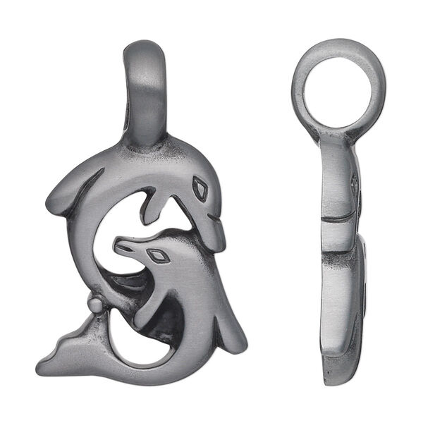 Pendant, Almost Jewelry™, "pewter" (zinc-based alloy), 33x21mm single-sided double dolphins. Sold individually. image number 0