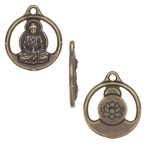Drop, TierraCast®, antique brass-plated pewter (tin-based alloy), 21mm two-sided open round with Buddha and lotus design. Sold per pkg of 2. image number 0