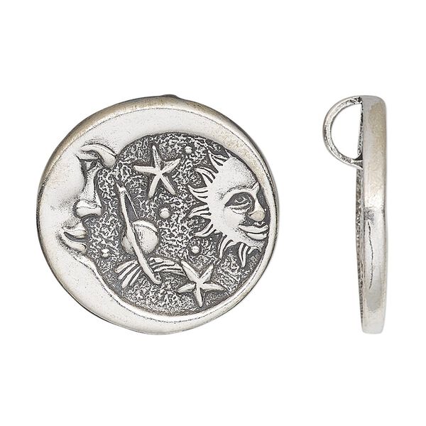 Pendant, antiqued sterling silver, 25mm single-sided round with celestial scene and hidden bail. Sold individually. image number 0