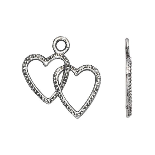 Charm, antique silver-plated "pewter" (zinc-based alloy), 23x18mm single-sided double open heart. Sold per pkg of 20. image number 0