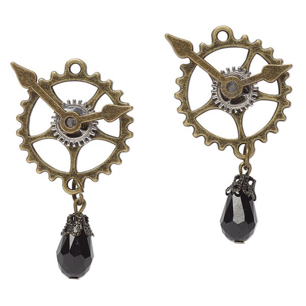 Focal, silver- / antique brass-finished "pewter" (zinc-based alloy) / plastic, black, 45x24mm overall with 24mm single-sided gear clock. Sold per pkg of 2. image number 0