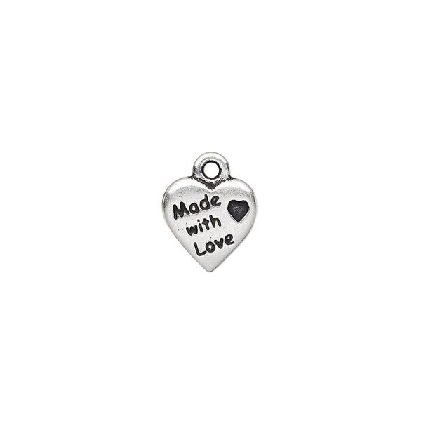 Charm, TierraCast®, antique silver-plated pewter (tin-based alloy), 10mm double-sided heart with "Made with Love." Sold per pkg of 2. image number 0