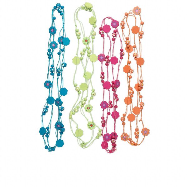 Necklace mix, Chinese littleleaf boxwood and waxed cotton cord, mixed colors, 25x25mm flower shape, 54-inch continuous loop necklace. Sold per pkg of 4. image number 0