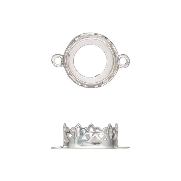 Link, sterling silver, 13mm round with lotus edge and open back with 12mm round cabochon bezel setting. Sold individually. image number 0