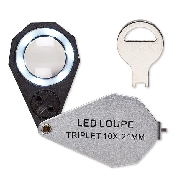 Loupe, Grobet USA®, 10x power with light, glass / steel / plastic / imitation leather, black, 3-1/4 x 1 inches open. Sold individually. image number 0