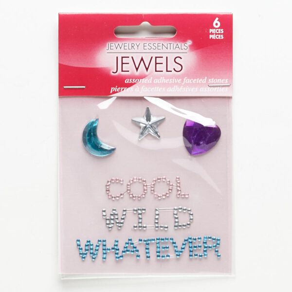 Flat back, self-adhesive acrylic, assorted colors, 13x13mm-58x9mm assorted shape. Sold per pkg of 6. image number 0