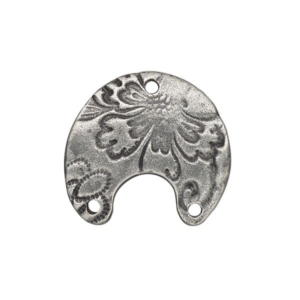 Connector, TierraCast®, "Vida Mas Dulce" collection, antiqued pewter (tin-based alloy), 21x19.5mm two-sided slightly domed naja with flora design and 3 holes. Sold per pkg of 2. image number 0