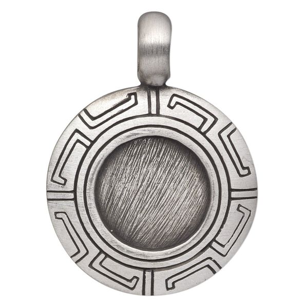 Pendant, antiqued pewter (tin-based alloy), 44x32mm round with Greek key design and 17mm round setting. Sold individually. image number 0