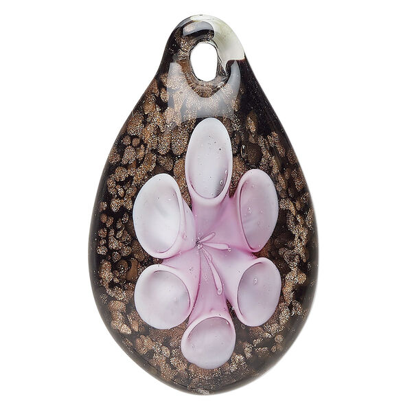 Focal, lampworked glass, opaque black / clear / pink, 46x33mm-54x35mm domed teardrop with copper-colored glitter. Sold individually. image number 0