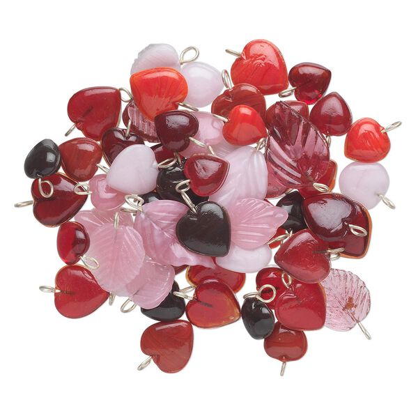Drop mix, glass and brass, opaque to transparent red and pink, 11mm-22x15mm double-sided heart and leaf. Sold per 50-gram pkg, approximately 55-60 drops. image number 0