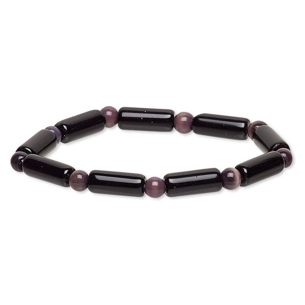 Bracelet, stretch, glass and cat's eye glass, opaque purple and black, 5-6mm round and 14x5mm-15x6mm round tube, 6 inches. Sold individually. image number 0