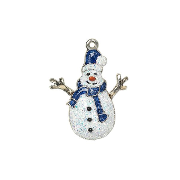 Charm, enamel with silver-plated and gold-finished "pewter" (zinc-based alloy), multicolored with glitter, 22.5x19mm single-sided snowman. Sold individually. image number 0