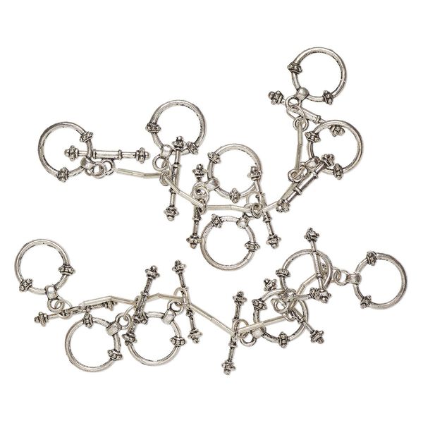 Clasp, toggle, "pewter" (zinc-based alloy) and steel, pkg/12, 18mm round, antique silver finish. image number 0