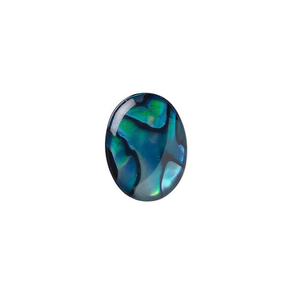 Cabochon, paua shell (coated / dyed), blue, 16x12mm calibrated oval, Mohs hardness 3-1/2. Sold per pkg of 4. image number 0