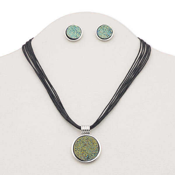 Necklace and earring set, 8-strand, druzy (imitation) / waxed cotton cord / silver-plated brass / steel / "pewter" (zinc-based alloy), rainbow and black, 30mm round, 16 inches with 3-inch extender chain and lobster claw clasp, 19mm round with post. Sold per set. image number 0