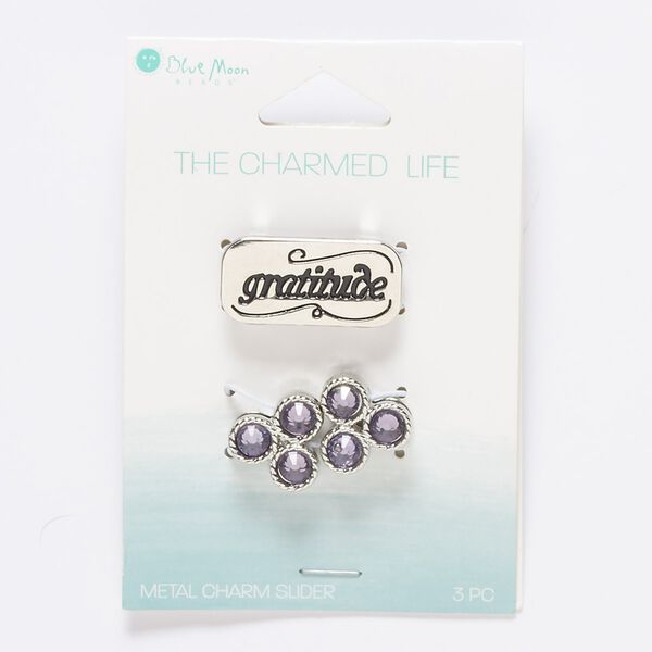 Slide mix, glass / silver- / antique silver-finished "pewter" (zinc-based alloy), and (1) 27x13mm rounded rectangle with "gratitude," and swirl design, and (2) 15mm rounded triangle, 10x2mm hole. Sold per pkg of 3. image number 0