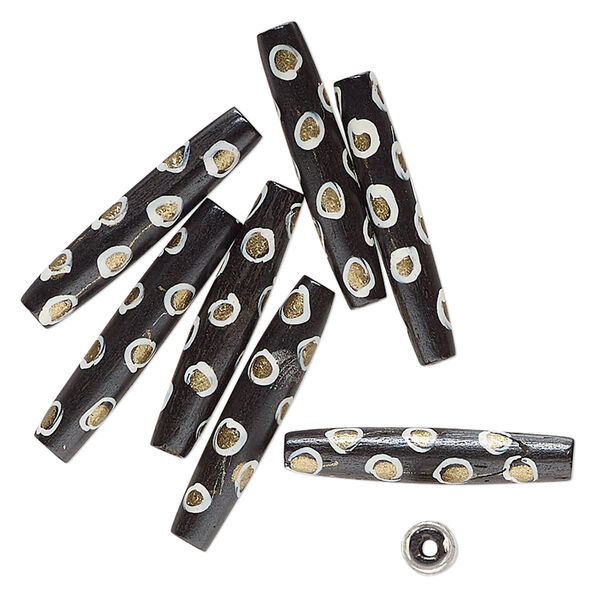 Bead, bone (dyed), black / white / gold, 36x7mm-35x6mm hand-painted tube with spotted design. Sold per pkg of 8. image number 0