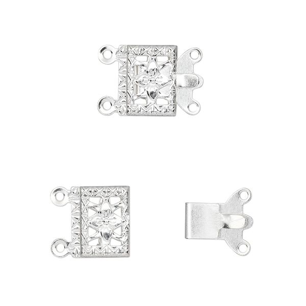 Clasp, 2-strand tab, silver-finished brass, 10x7mm square with filigree design. Sold per pkg of 10. image number 0