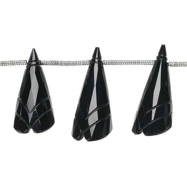 Black onyx 1pkg5, hand-cut top-drilled carved cone flower bead graduated 18x8mm-24x10mm image number 0