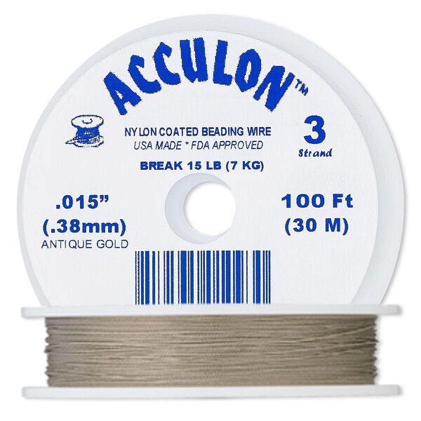 Beading wire, Acculon®, nylon-coated stainless steel, gold color, 3 strand, 0.015-inch diameter. Sold per 100-foot spool. image number 0