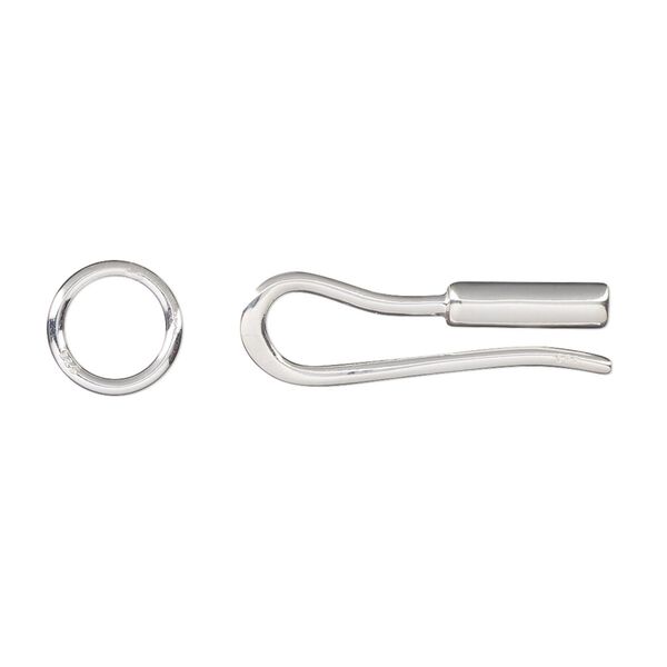 Clasp, hook, sterling silver, 24x7.5mm with crimp end and 9mm soldered jump ring. Sold individually. image number 0