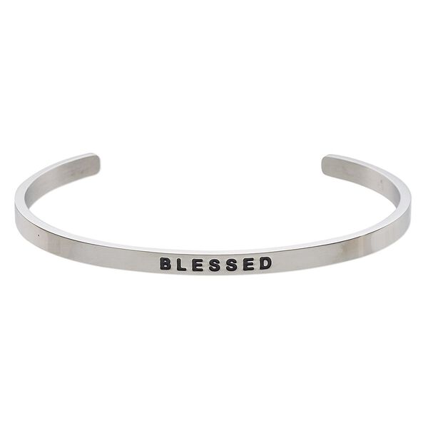 Bracelet, Everyday Jewelry, cuff, stainless steel, 4mm wide with "BLESSED," 8 inches. Sold individually. image number 0