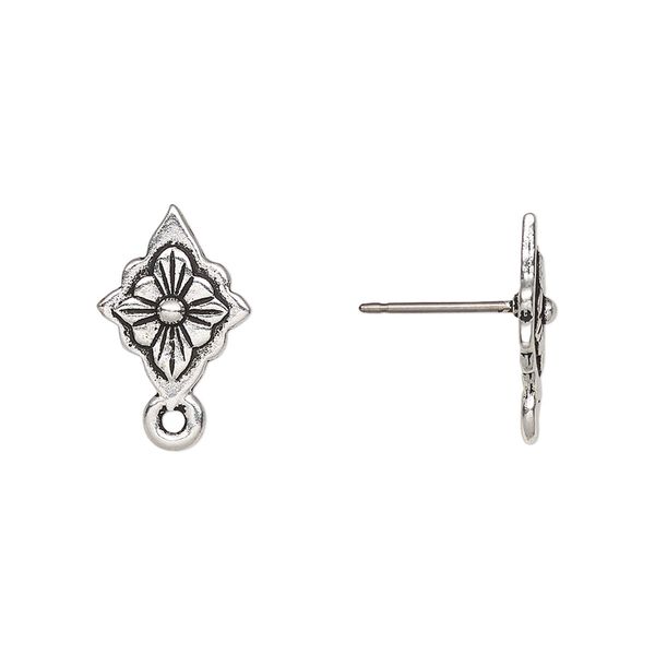 Earstud 1pkg10 TierraCast® antique silver-plated / pewter (tin-based alloy), 14x10mm scalloped diamond / reina, 21 gauge 5 pair image number 0
