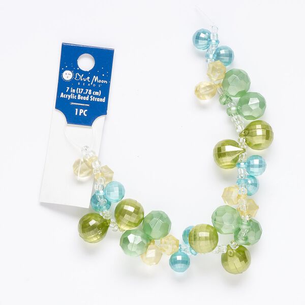 Drop, acrylic and glass, pastel green / pastel blue / pastel yellow, 10mm faceted round and 14mm round with checkerboard design. Sold per 7-inch strand. image number 0