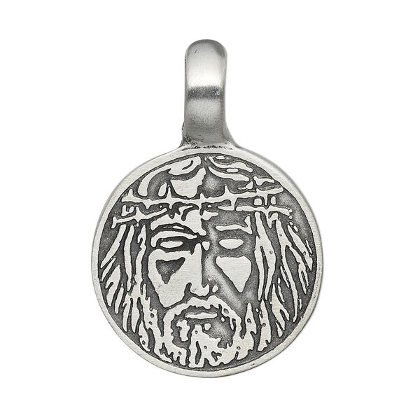 Pendant, "pewter" (zinc-based alloy), 35x24mm round with single-sided Jesus face. Sold individually. image number 0