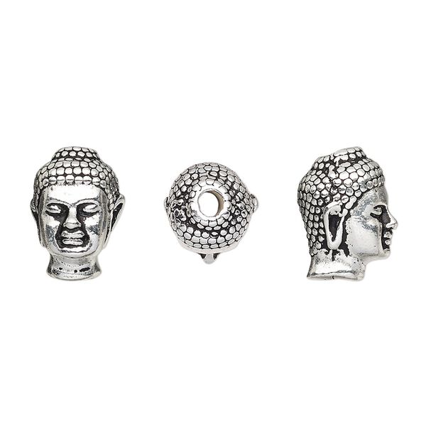 Bead, TierraCast®, antique silver-plated pewter (tin-based alloy), 13.5x9.5mm 3D Buddha head. Sold per pkg of 2. image number 0