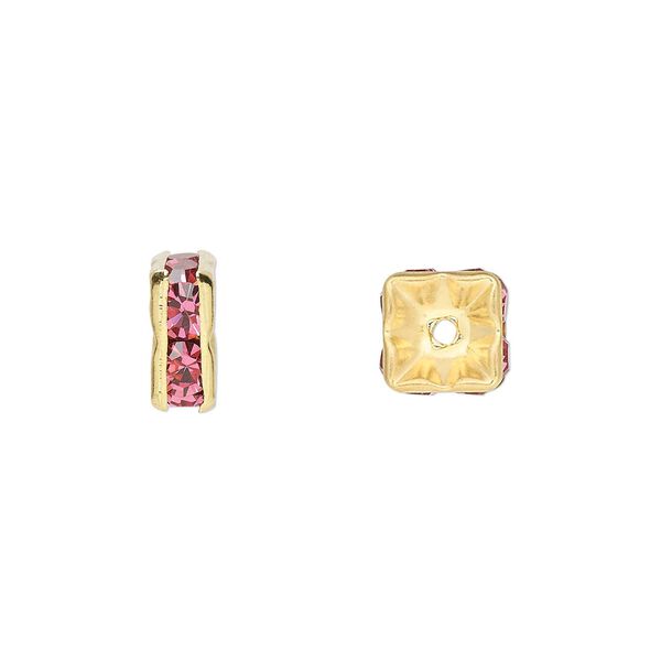 Bead, glass rhinestone and gold-finished brass, rose, 8x4mm squaredelle. Sold per pkg of 10. image number 0