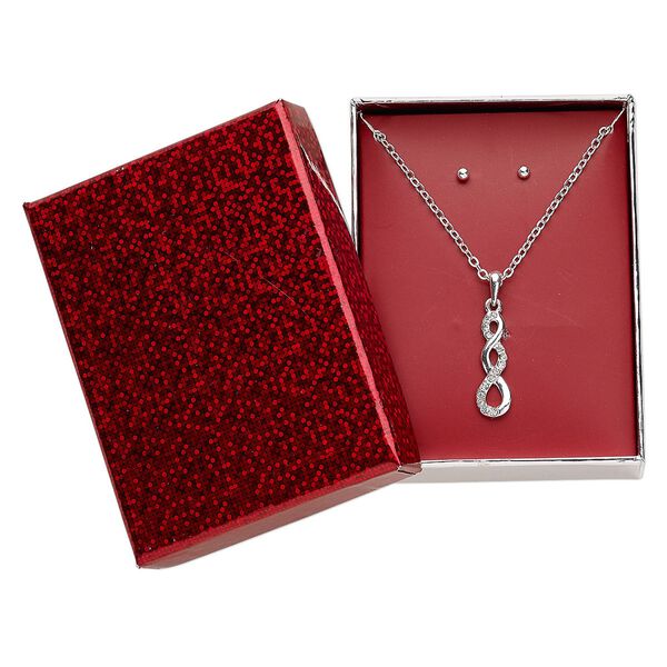 Necklace and earring set, glass rhinestone with silver-finished steel and "pewter" (zinc-based alloy), clear, 25x8mm triple swirl, 15" to 16" necklace with 3-inch extender chain and lobster claw clasp, 3mm round with post. Sold per set. image number 0
