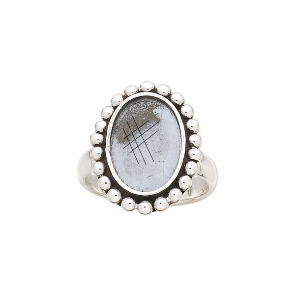 Ring, antiqued sterling silver, 3.5mm wide with beaded rim and 14x10mm oval glue-in setting, size 7. Sold individually. image number 0