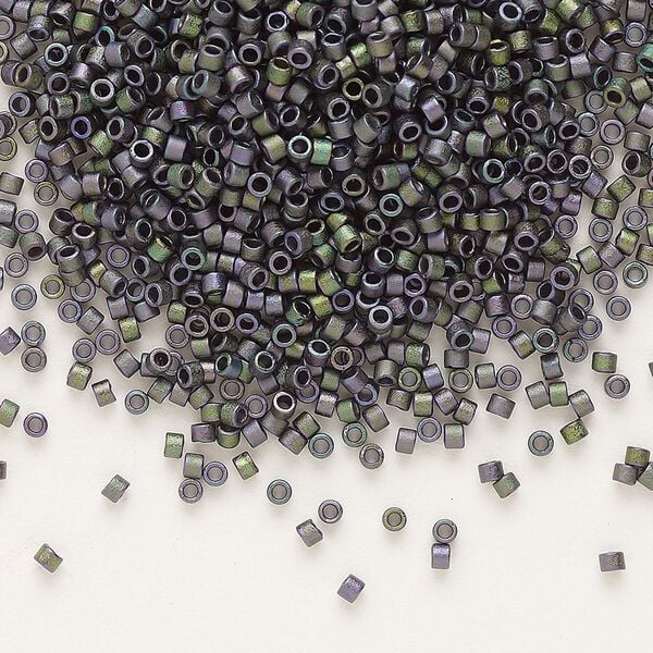 Seed bead, Delica®, glass, pkg/50g, #11 round, opaque matte metallic gold iris plum emerald (DB-1053). image number 0