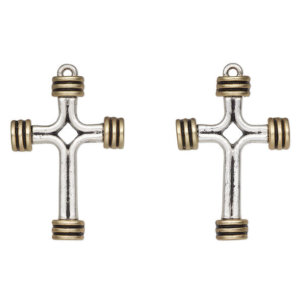 Focal, antique silver-finished antique gold-finished "pewter" (zinc-based alloy), 37x26mm cross with cutout design. Sold per pkg of 2. image number 0