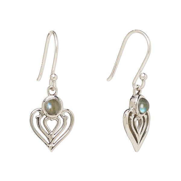 Ear wire, Create Compliments®, antiqued sterling silver and labradorite (natural), fishhook, 28.5mm with 15x9mm single-sided heart, 21 gauge. Sold per pair. image number 0