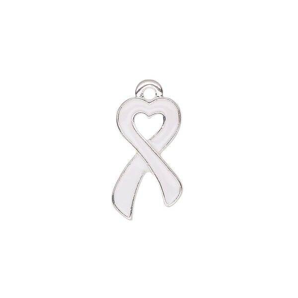 Charm, enamel and silver-finished "pewter" (zinc-based alloy), white, 18x10.5mm single-sided awareness ribbon heart. Sold per pkg of 2. image number 0