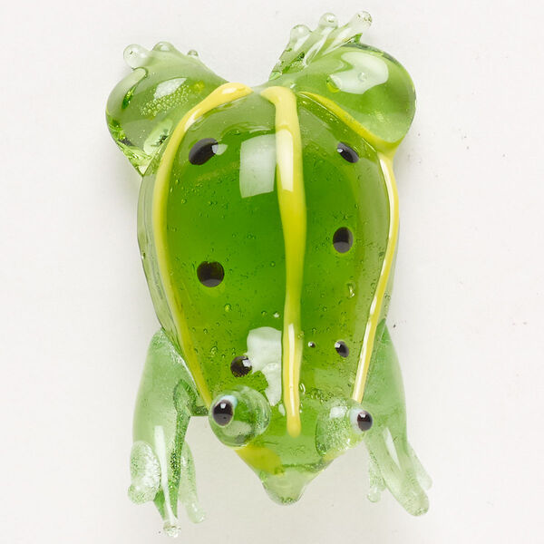 Focal, lampworked glass, pkg/1, translucent and transparent green/yellow/black, 43x26mm-50x31mm top-drilled frog with hidden loop. image number 0