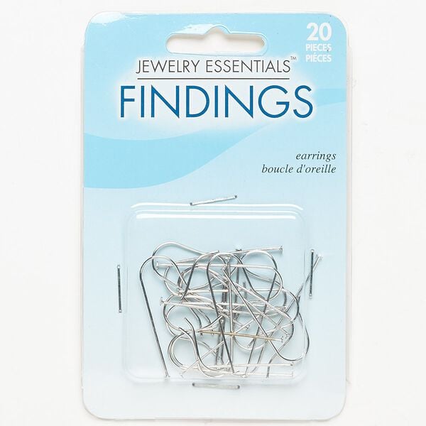 Ear wire fishhook 1pkg20, 33-34mm / 28mm stack-a-bead head pin shank, 19 gauge silver-finished steel 10 pair image number 0