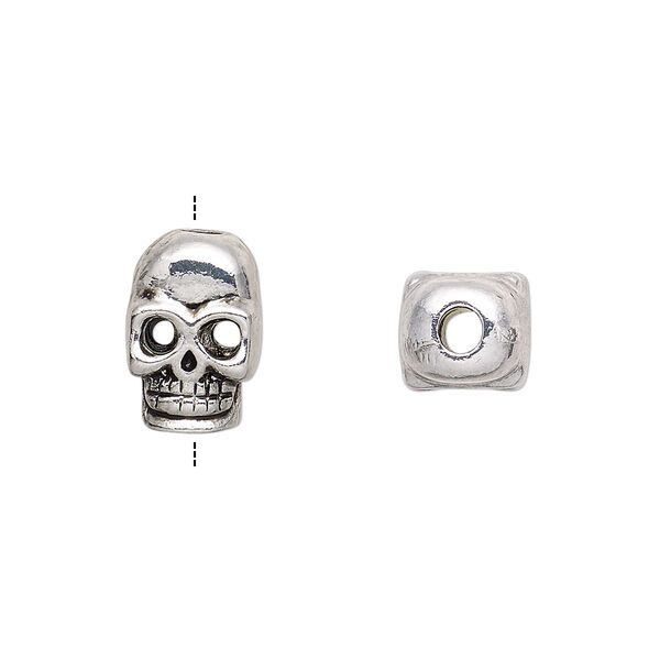 Bead, antique silver-finished "pewter" (zinc-based alloy),14x10mm double-sided skull. Sold per pkg of 6. image number 0