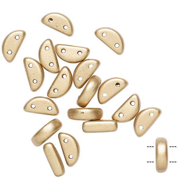 Bead, Preciosa, Czech pressed glass, opaque satin gold, 8.5x3mm half moon with (2) 0.8-0.9mm holes. Sold per pkg of 20. image number 0